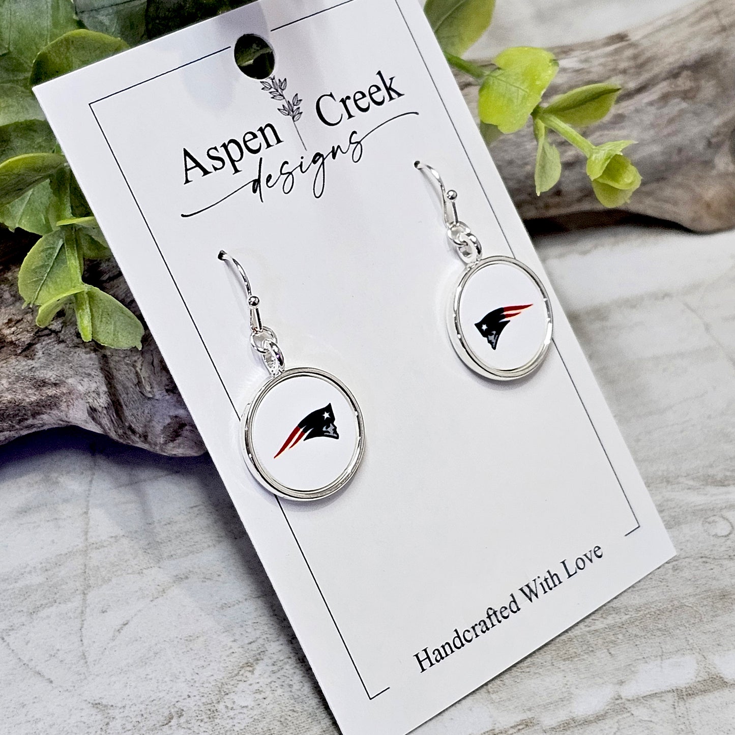NFL Silver Bezel Sublimation Earrings-Patriots