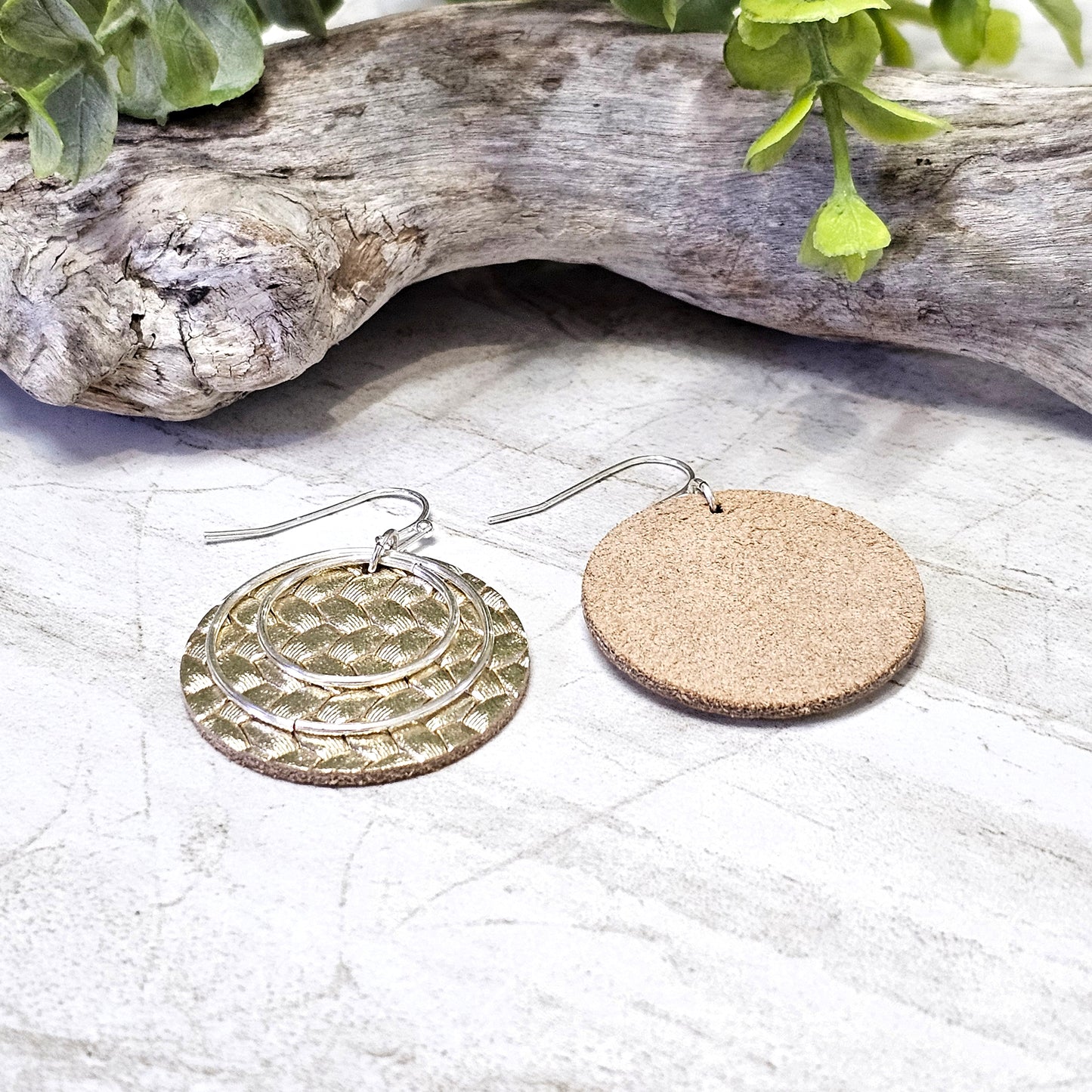 Leather/Wood/Metal Handcrafted Earrings-LWM-13