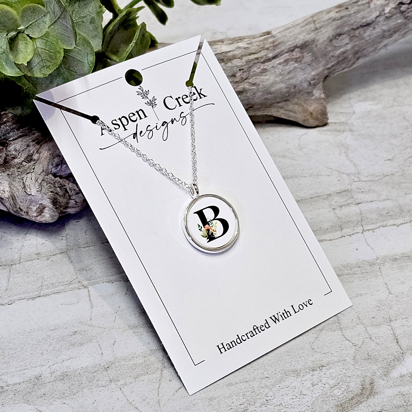 Silver Bezel Sublimation Watercolor Pink Flower Initials Necklaces-NSI-B