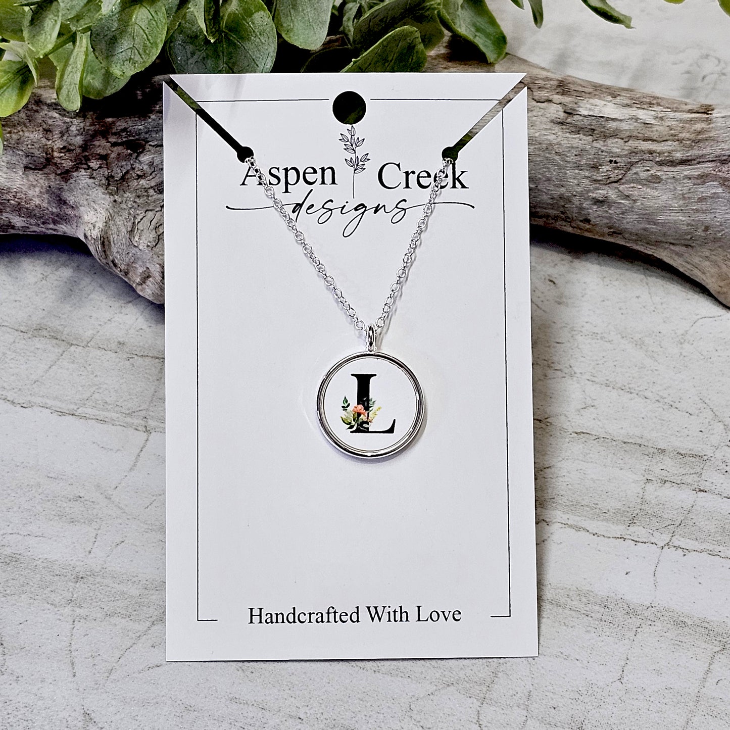 Silver Bezel Sublimation Watercolor Pink Flower Initials Necklaces-NSI-L