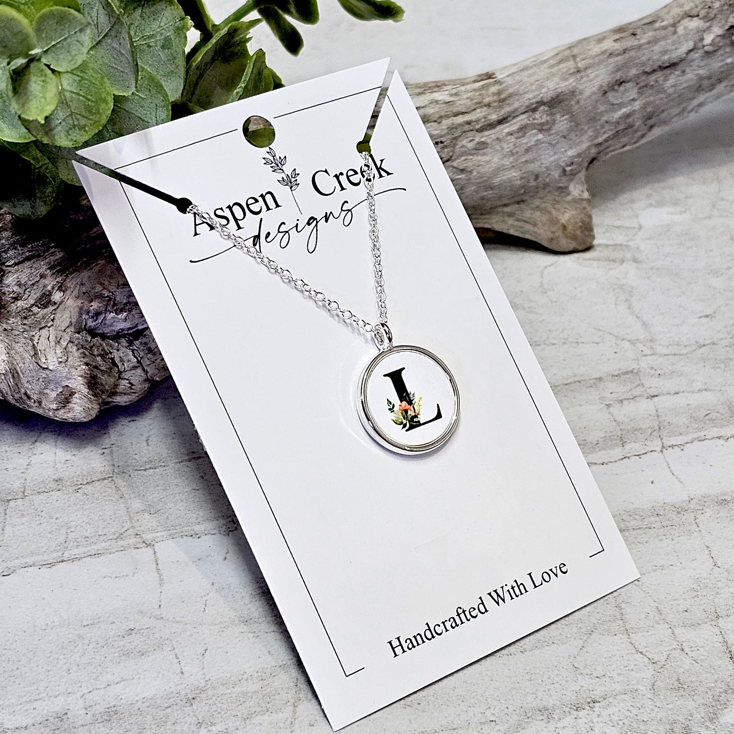 Silver Bezel Sublimation Watercolor Pink Flower Initials Necklaces-NSI-L