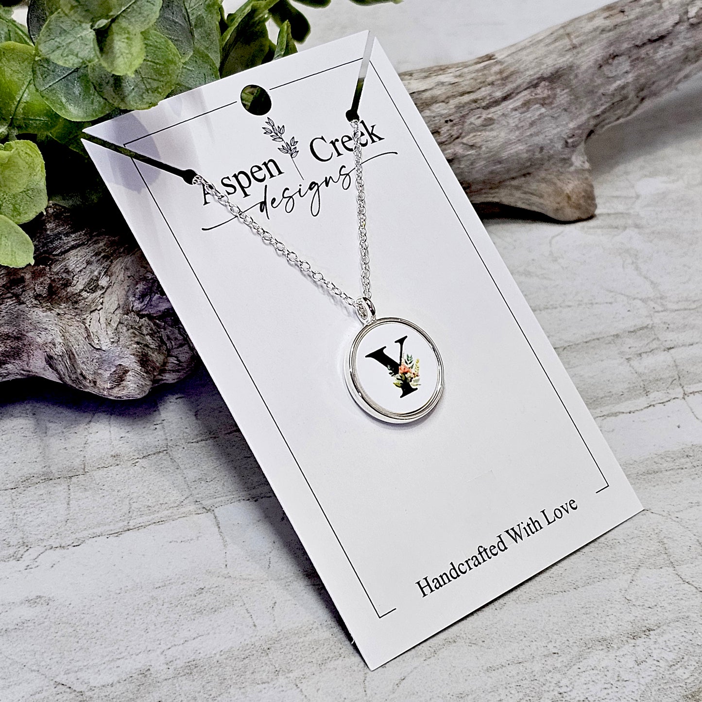 Silver Bezel Sublimation Watercolor Pink Flower Initials Necklaces-NSI-Y