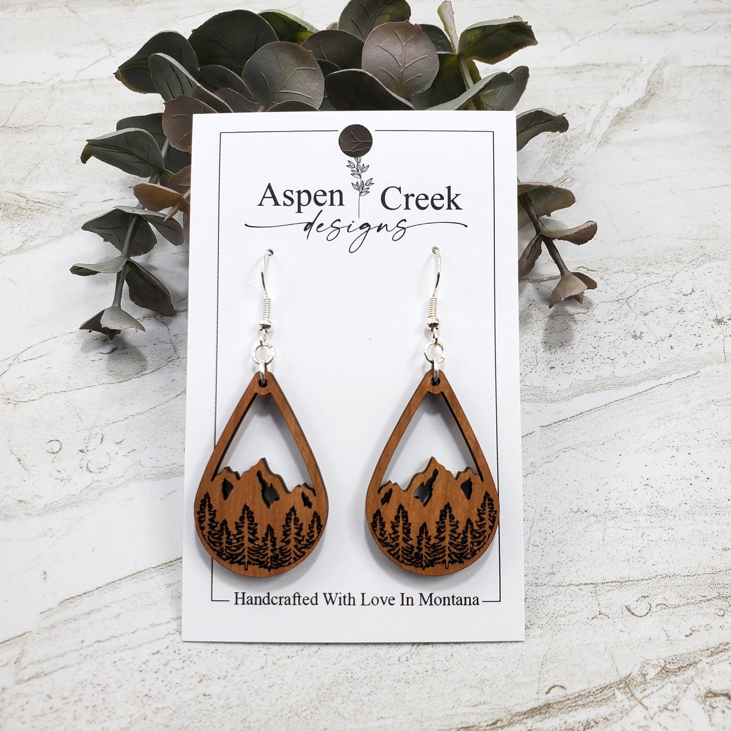 Wood Earrings- Etched Trees On Mountains