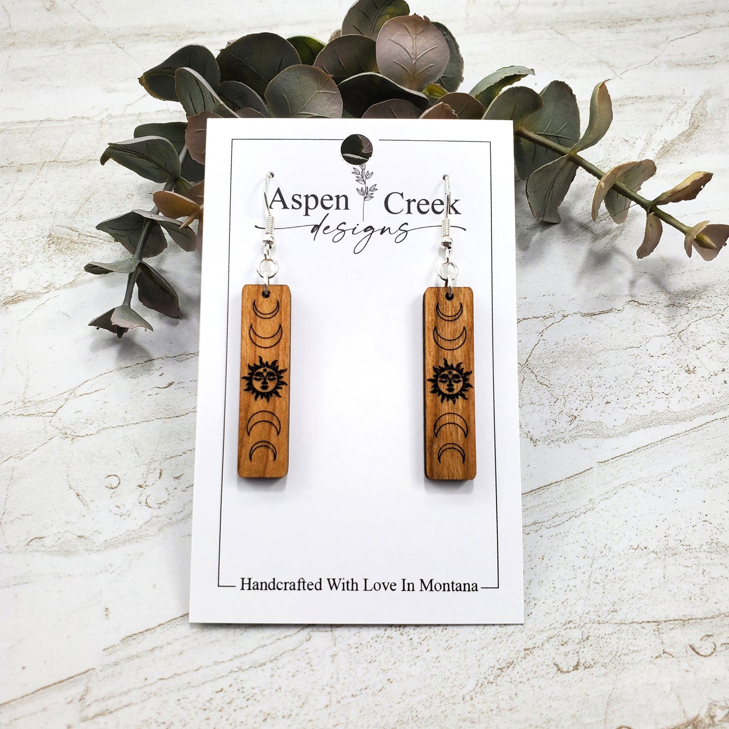 Wood Earrings- Etched Moon Phase