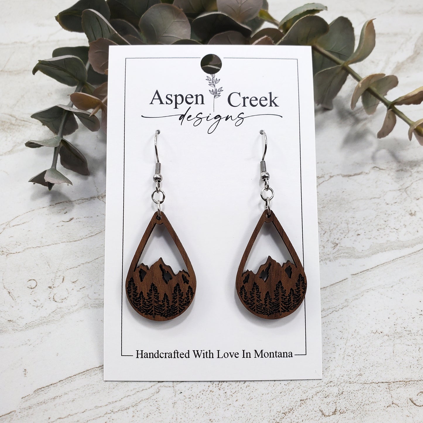 Wood Earrings- Etched Trees On Mountains