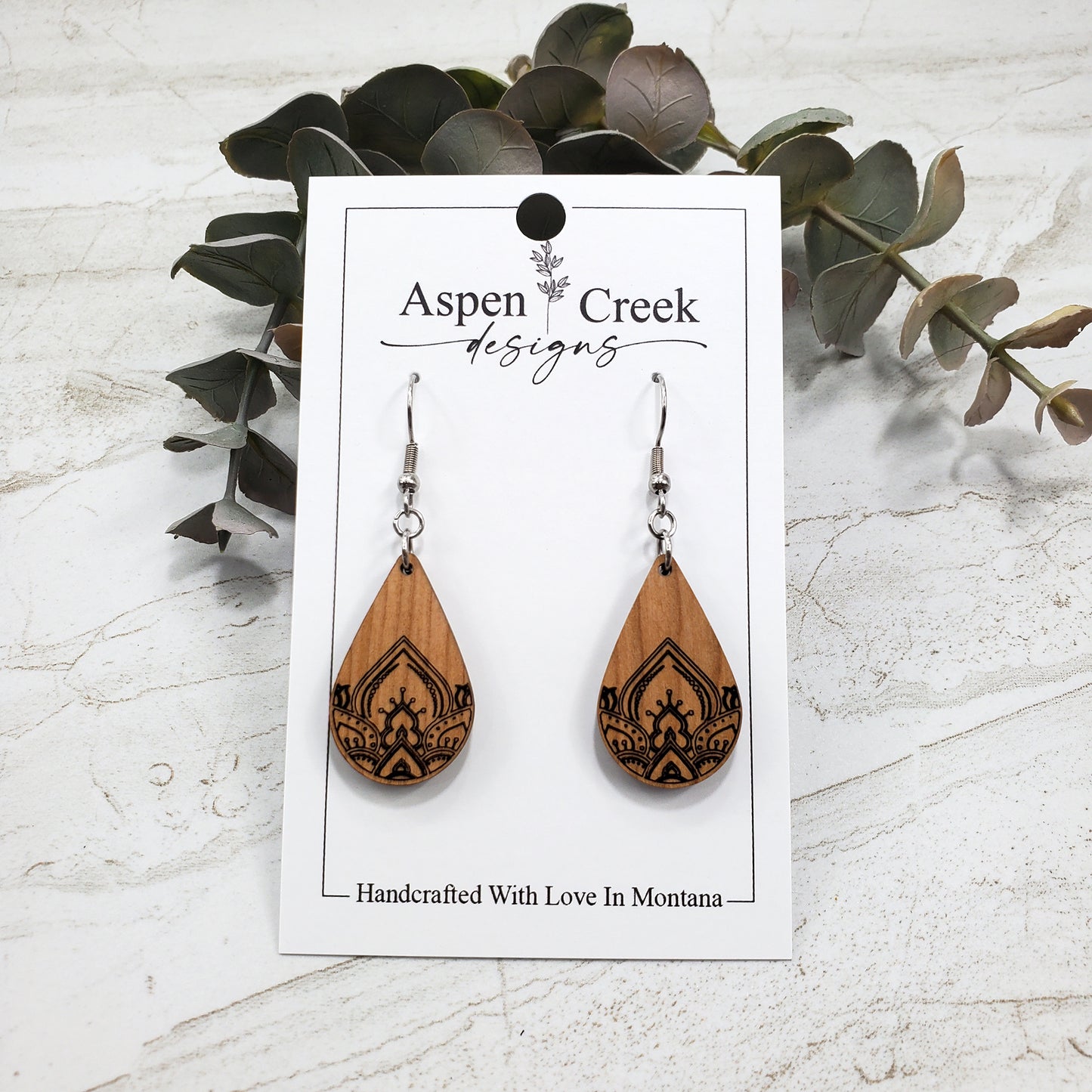Wood Earrings- Etched Mandala