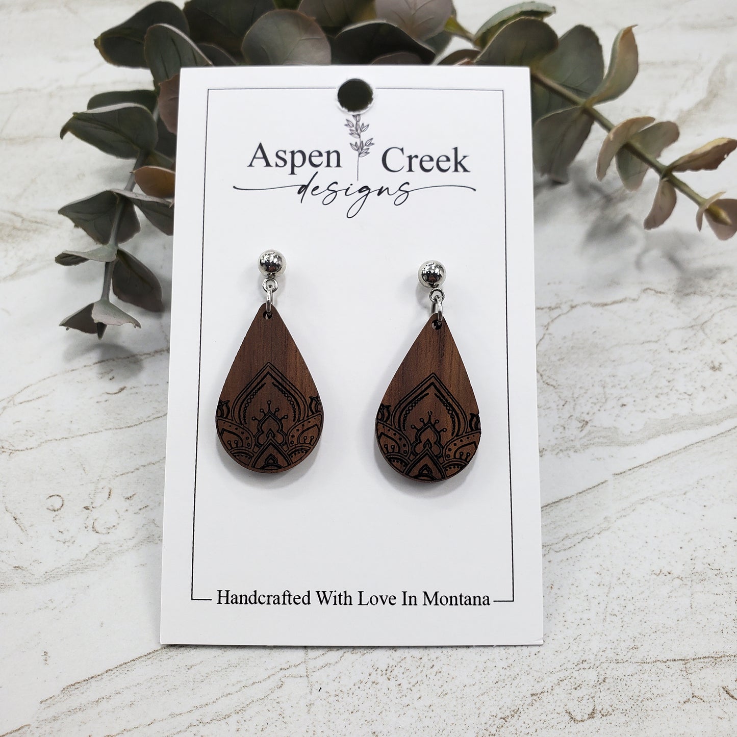Wood Earrings- Etched Mandala