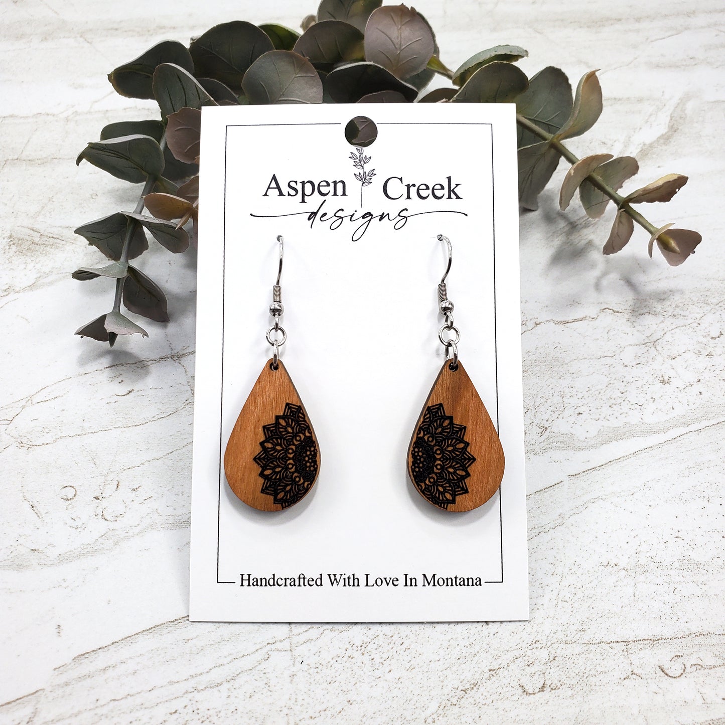 Wood Earrings- Etched Mandala