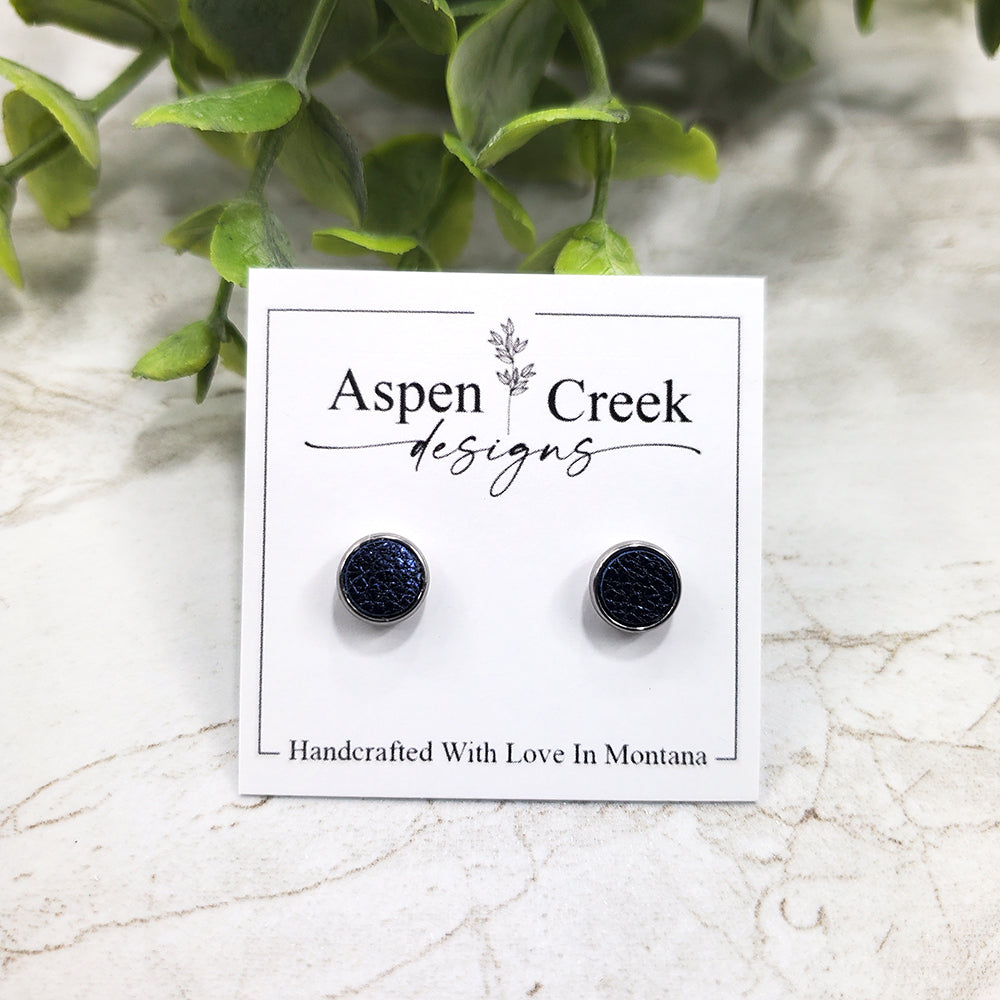 Leather Stud Earrings- Royal Blue Metallic