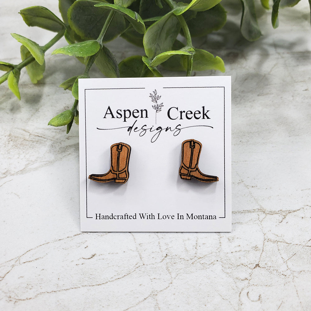 Wood Stud Earrings- Cowboy Boot