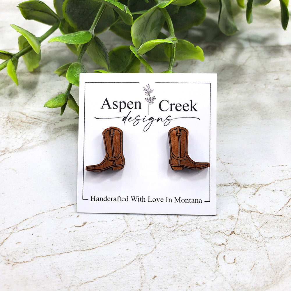 Wood Stud Earrings- Cowboy Boot