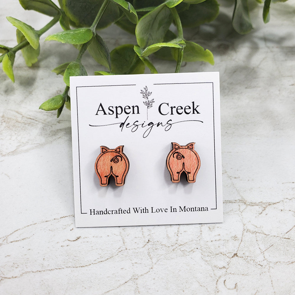Wood Stud Earrings- Pig Butt