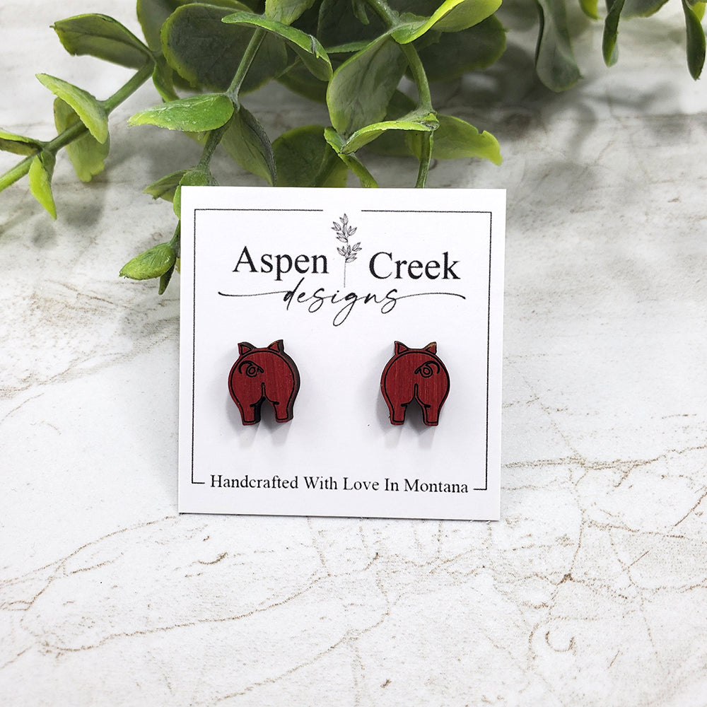 Wood Stud Earrings- Pig Butt