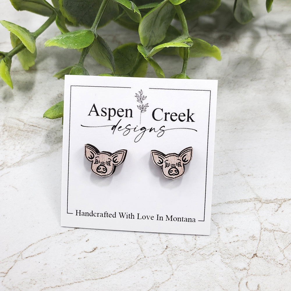 Wood Stud Earrings- Pig Face