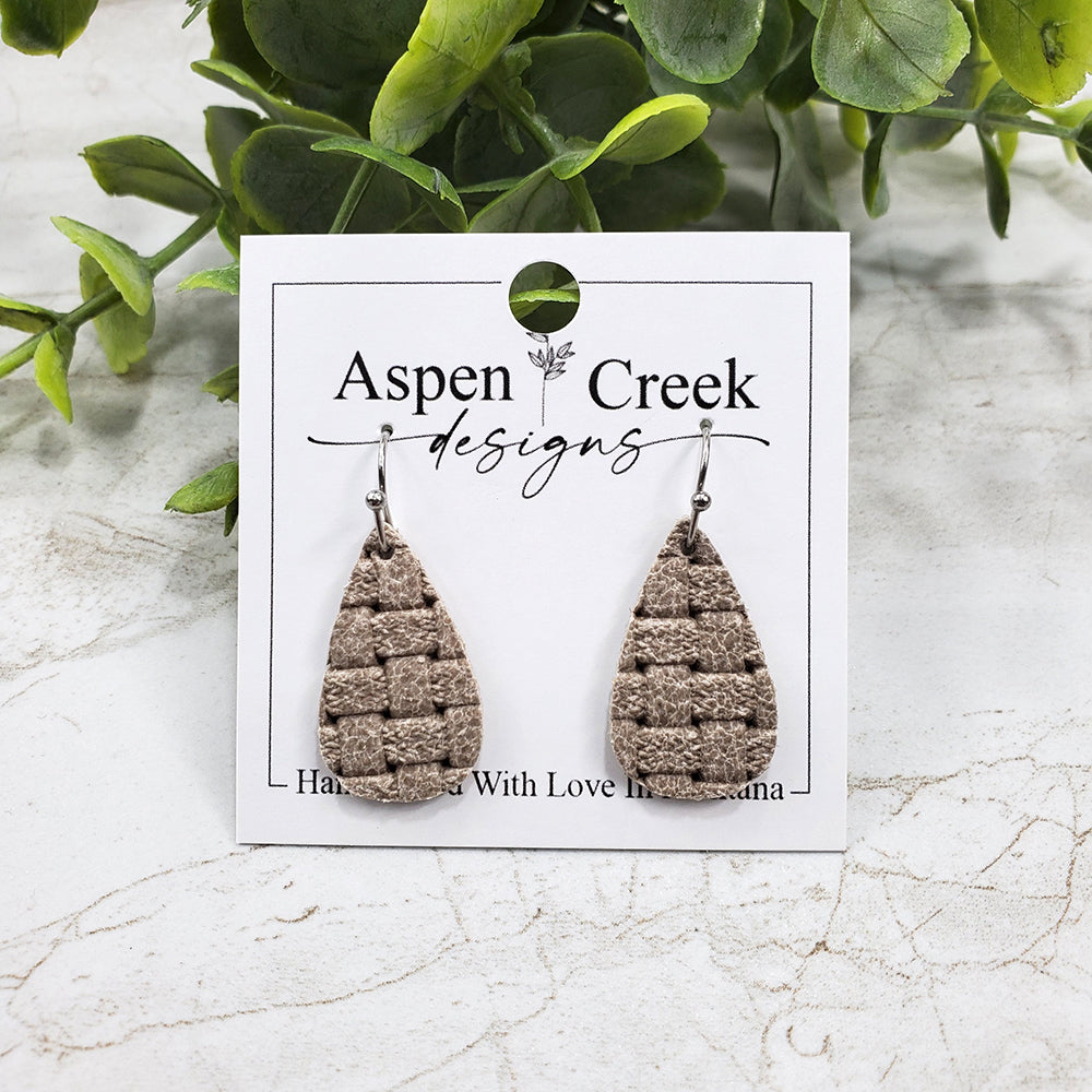 Mini Leather Earrings- Tan Basket Weave