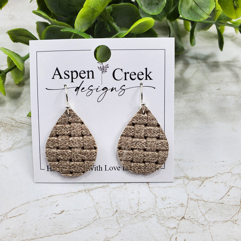 Mini Leather Earrings- Tan Basket Weave