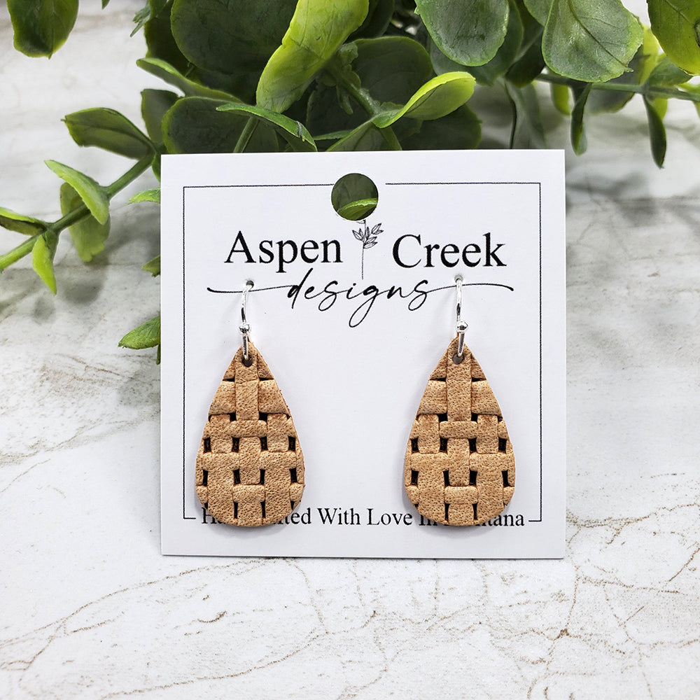 Mini Leather Earrings- Tan Basket Weave