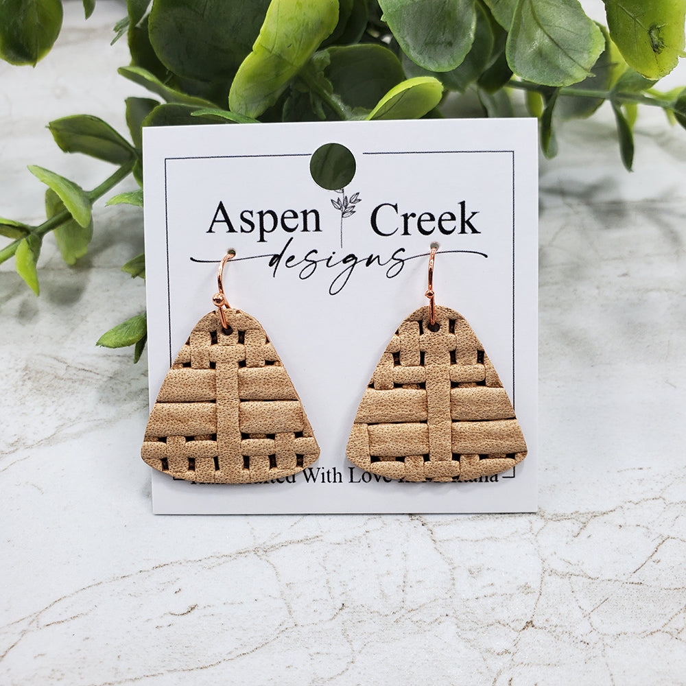 Mini Leather Earrings- Tan Basket Weave