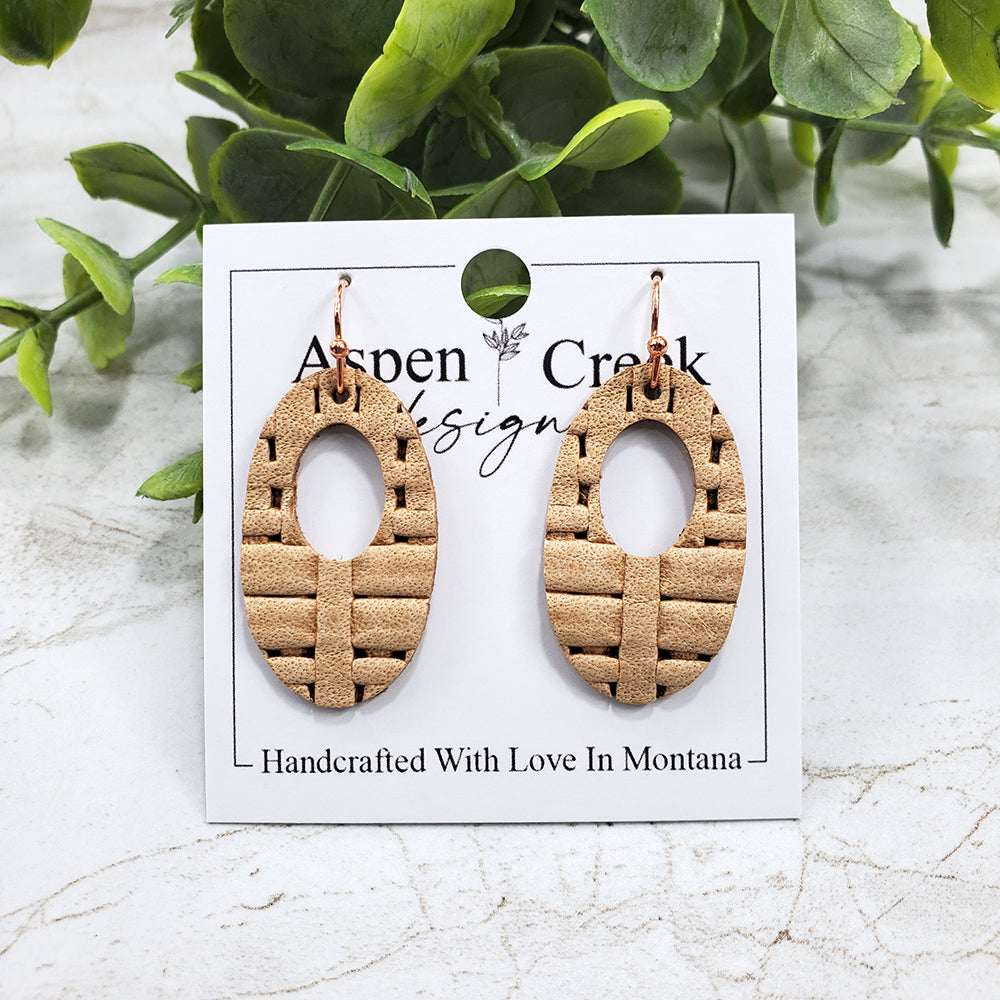 Mini Leather Earrings- Tan Basket Weave