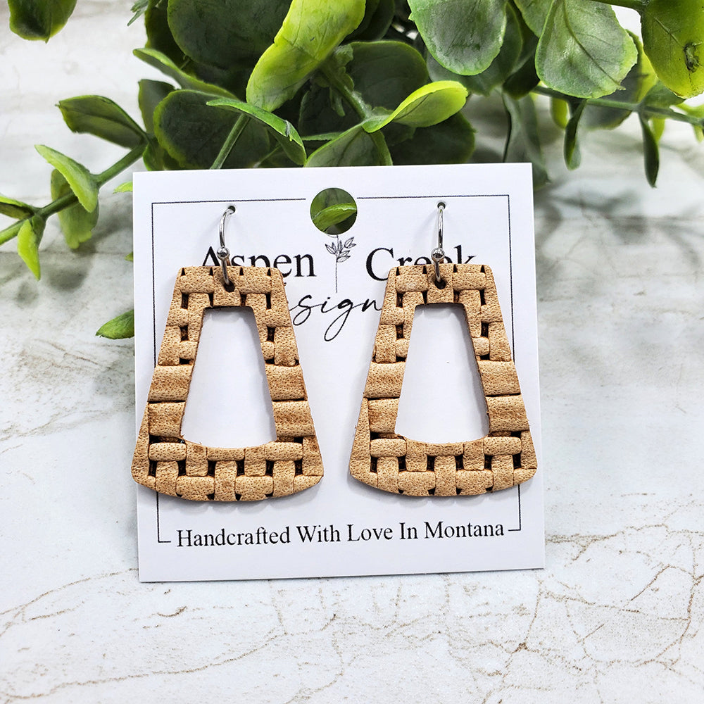 Mini Leather Earrings- Tan Basket Weave