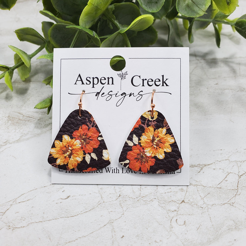 Mini Leather Earrings- Flowers On black