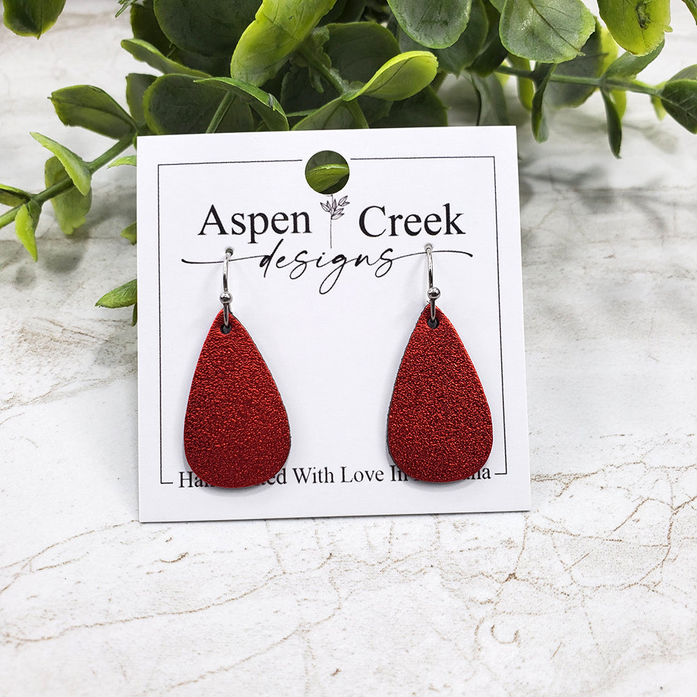 Mini Leather Earrings- Red Metallic Satin