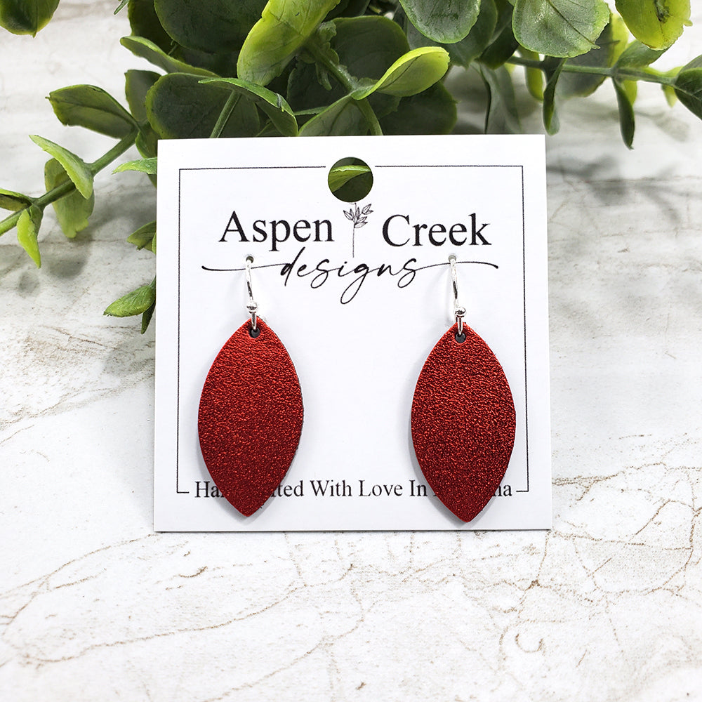 Mini Leather Earrings- Red Metallic Satin