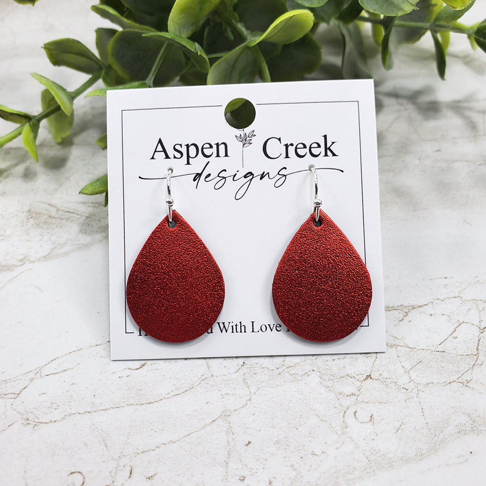 Mini Leather Earrings- Red Metallic Satin
