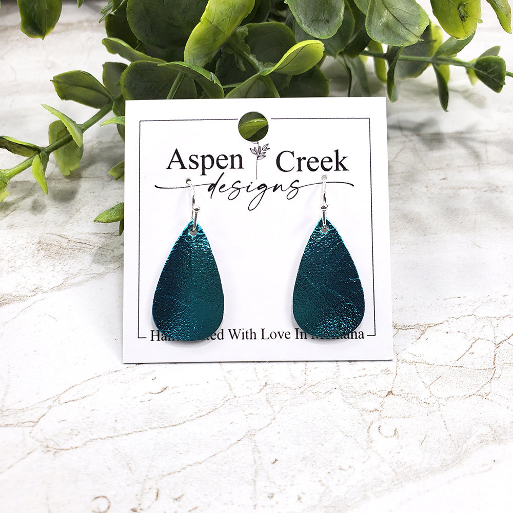 Mini Leather Earrings- Teal Metallic