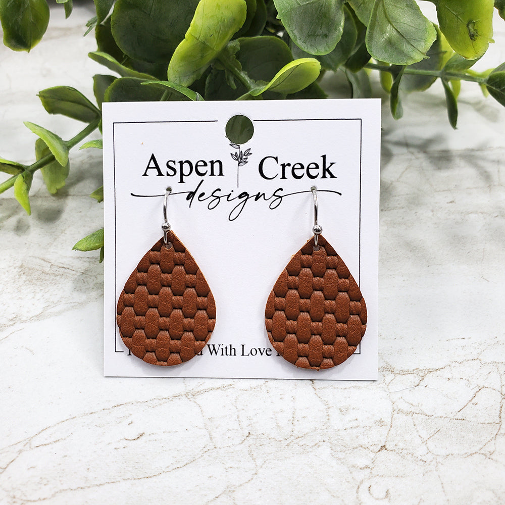 Mini Leather Earrings- Brown Basket Weave
