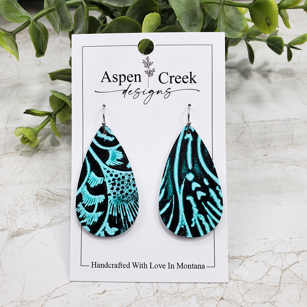 Leather Earrings- Turquoise Embossed Floral