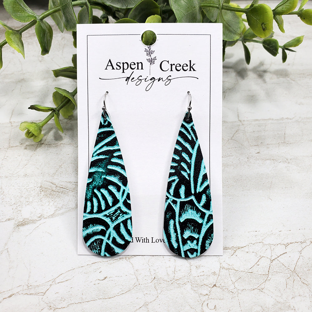 Leather Earrings- Turquoise Embossed Floral