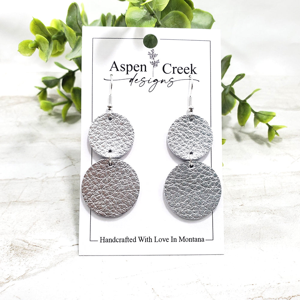 Leather Circle Tier Earrings- Silver Pebble Leather