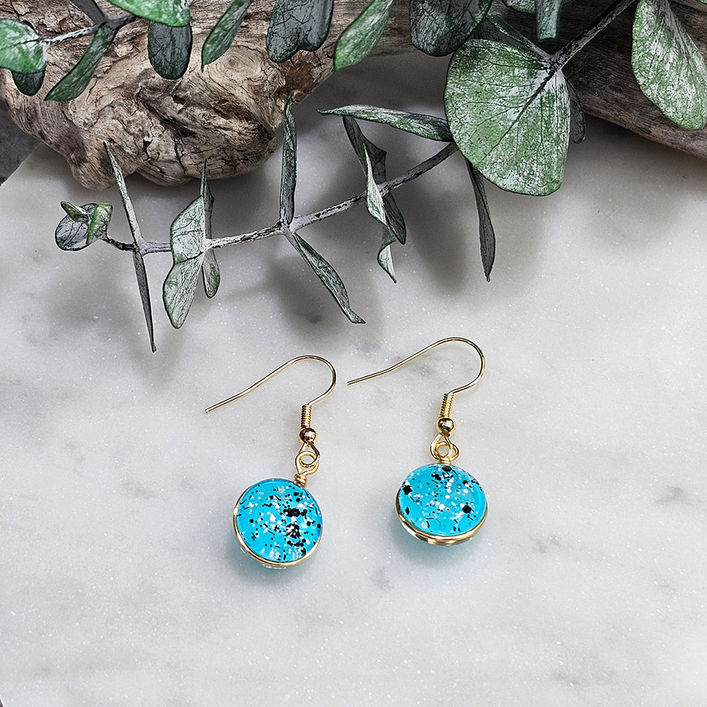 Glass Bubble Earrings- Turquoise With Black/White Speckles