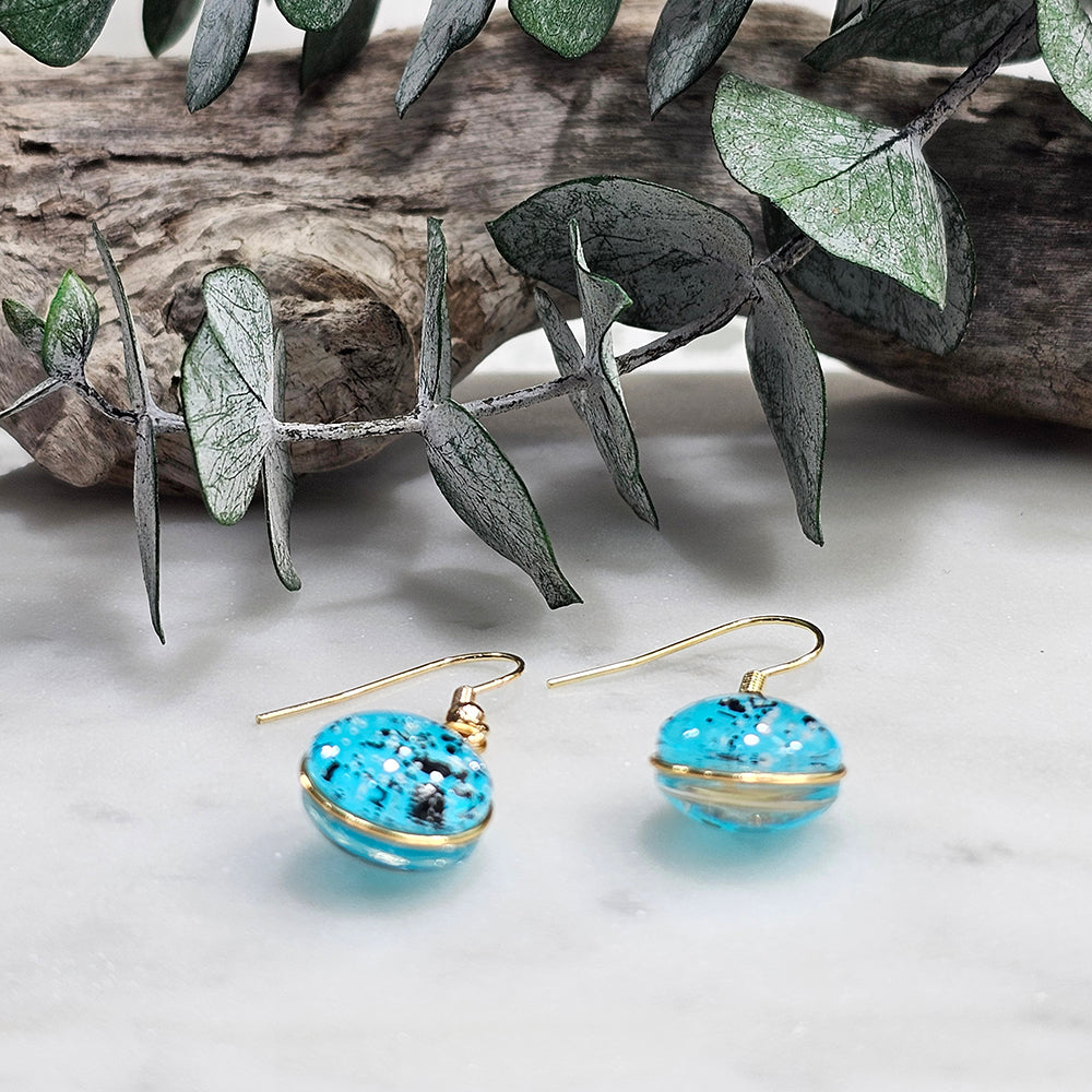 Glass Bubble Earrings- Turquoise With Black/White Speckles