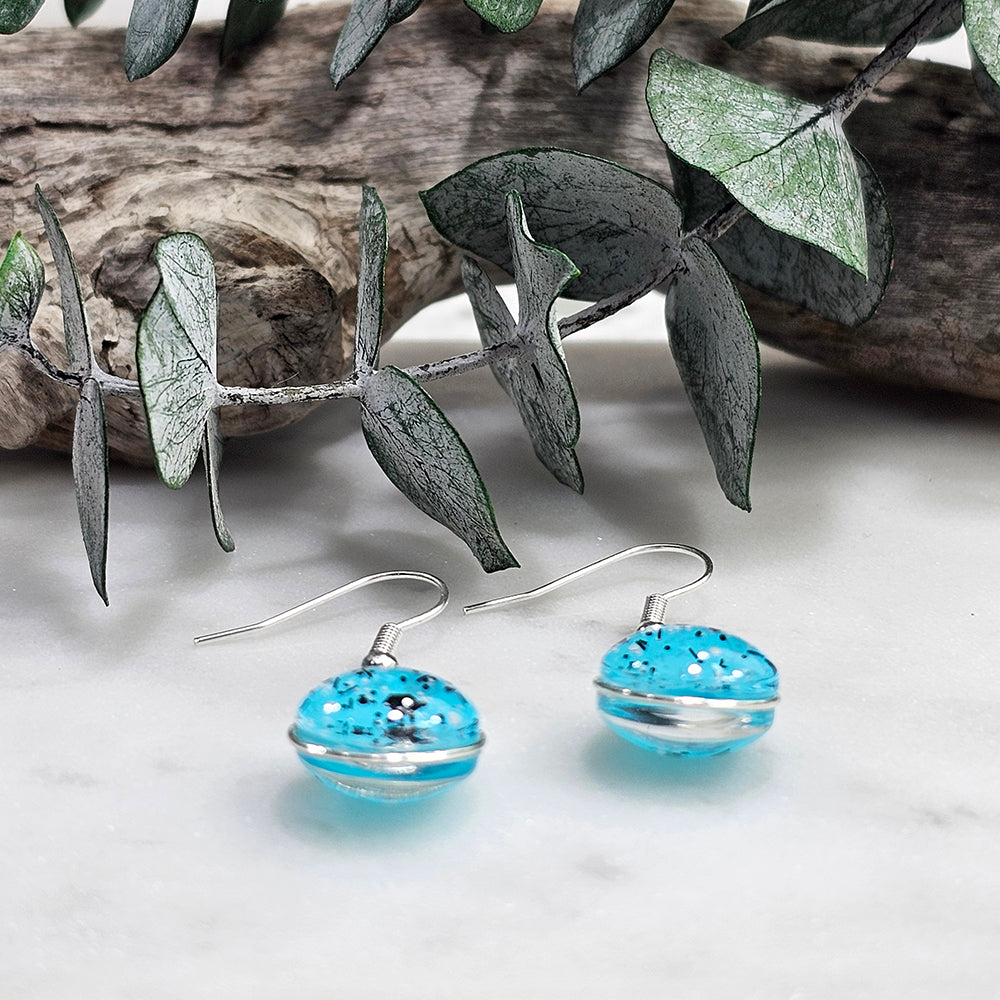 Glass Bubble Earrings- Turquoise With Black/White Speckles