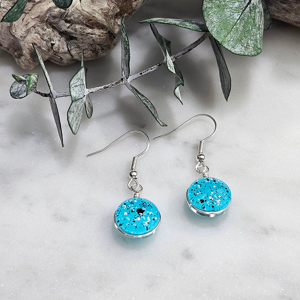 Glass Bubble Earrings- Turquoise With Black/White Speckles