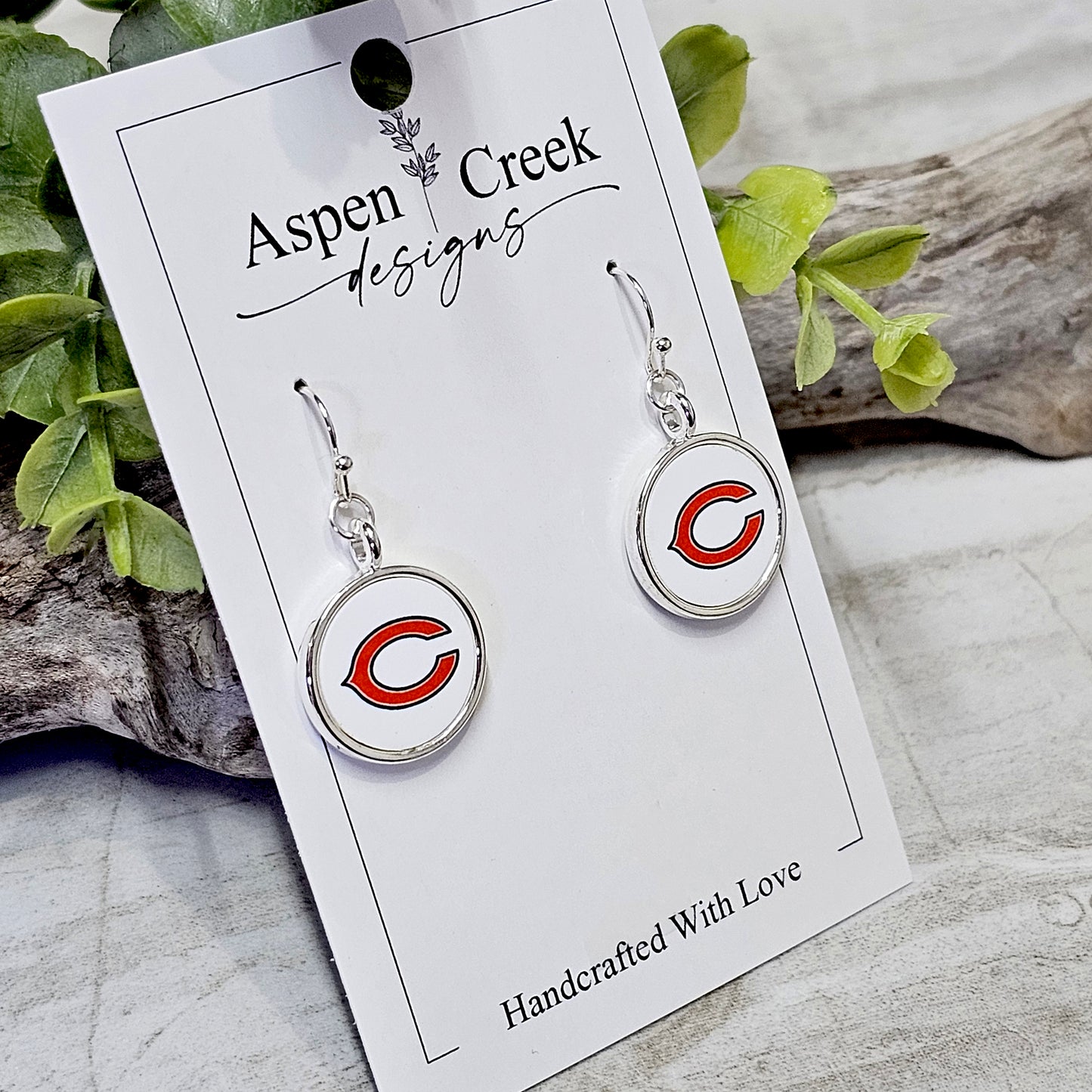 NFL Silver Bezel Sublimation Earrings-Bears