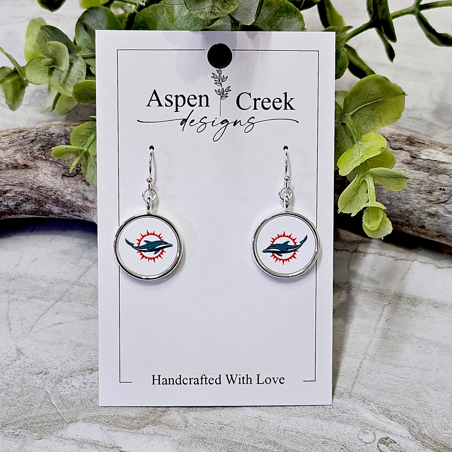 NFL Silver Bezel Sublimation Earrings-Dolphins