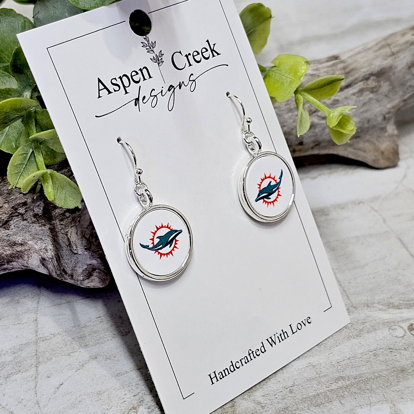 NFL Silver Bezel Sublimation Earrings-Dolphins