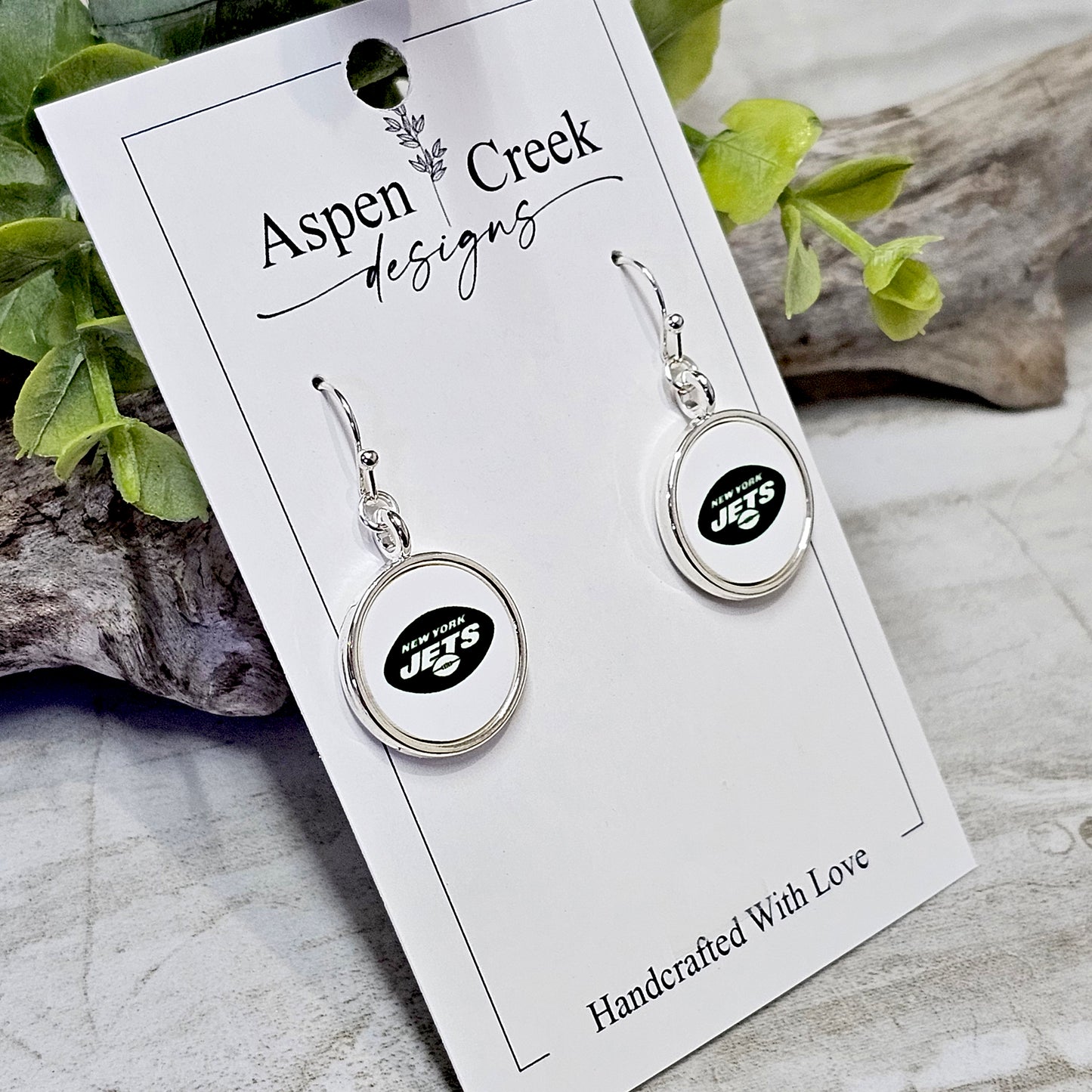 NFL Silver Bezel Sublimation Earrings-Jets