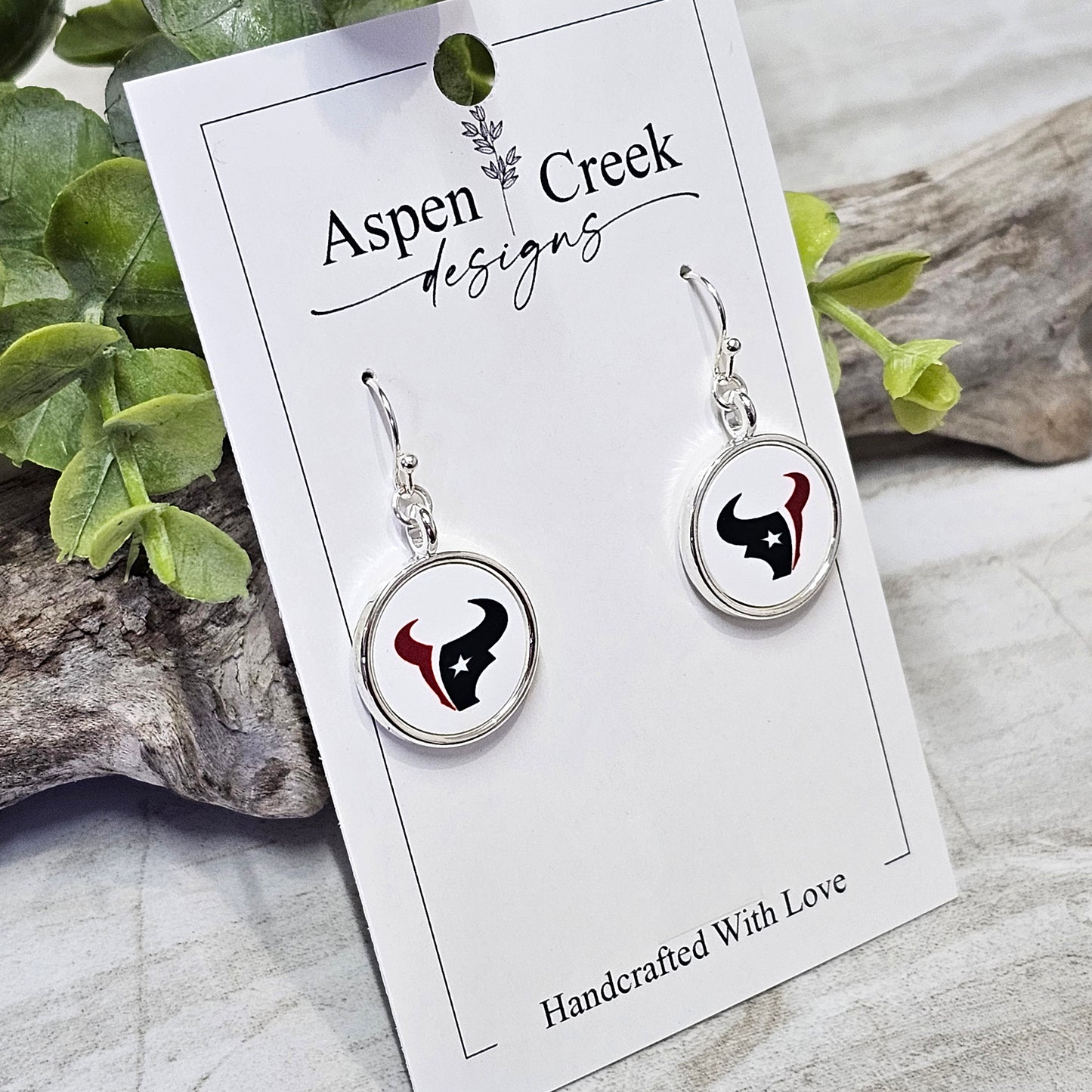 NFL Silver Bezel Sublimation Earrings-Texans