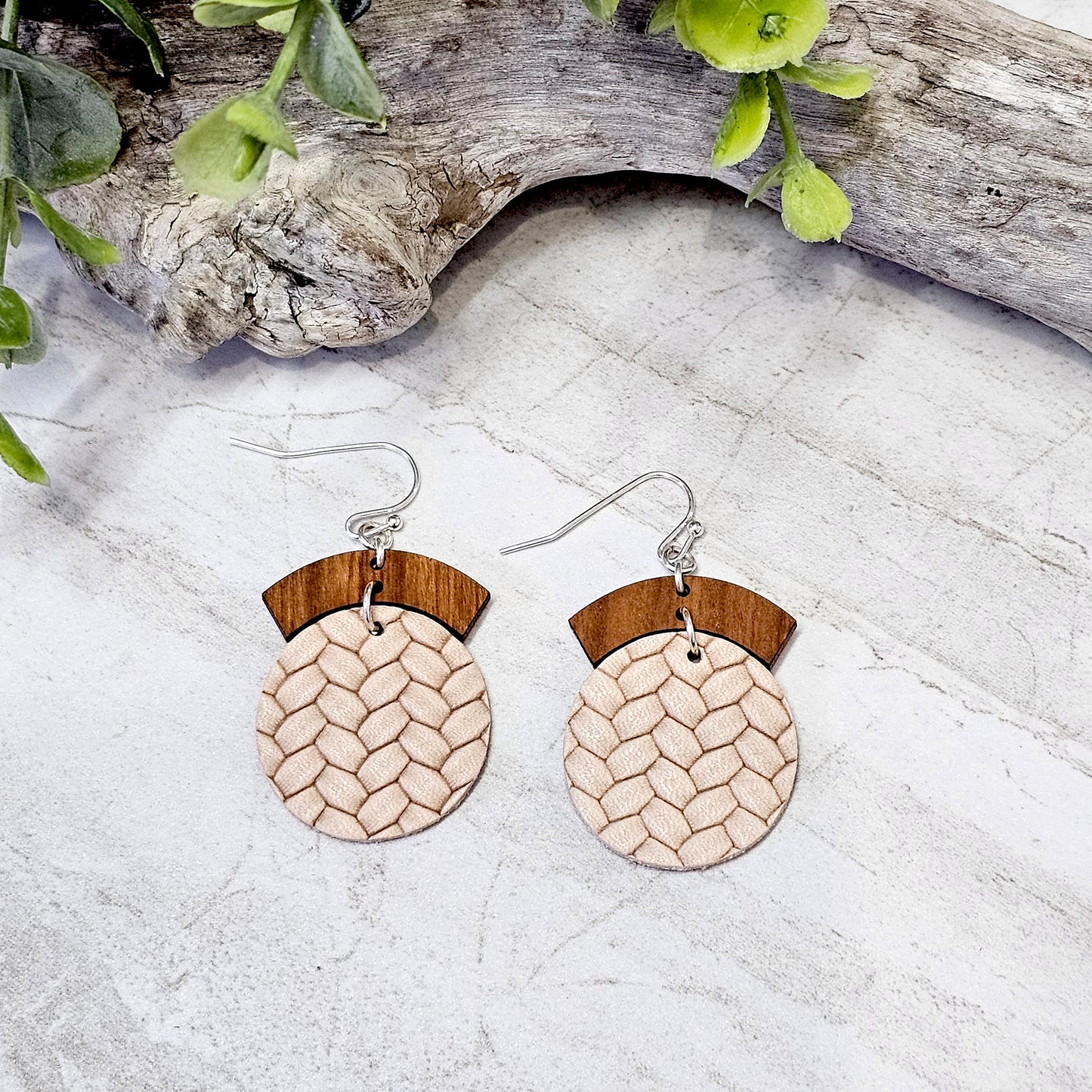 Leather/Wood/Metal Handcrafted Earrings-LWM-2