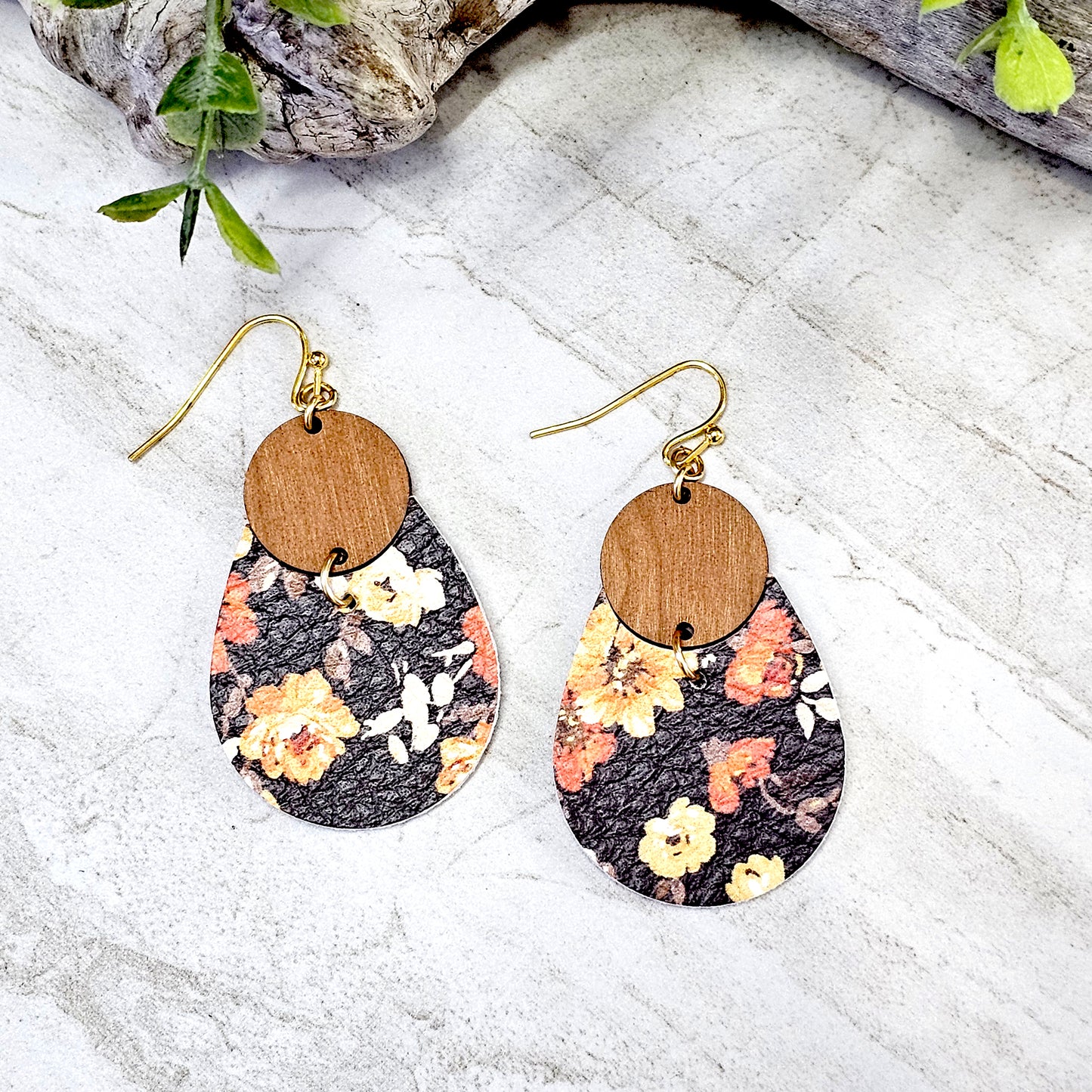 Leather/Wood/Metal Handcrafted Earrings-LWM-30