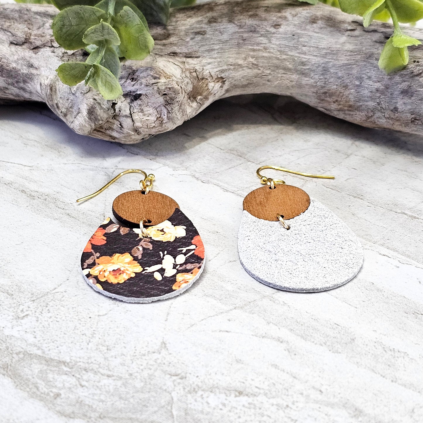 Leather/Wood/Metal Handcrafted Earrings-LWM-30