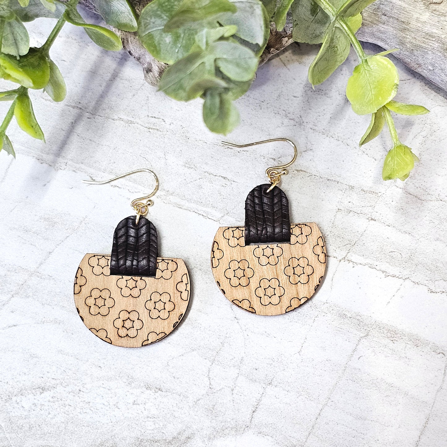 Leather/Wood/Metal Handcrafted Earrings-LWM-56