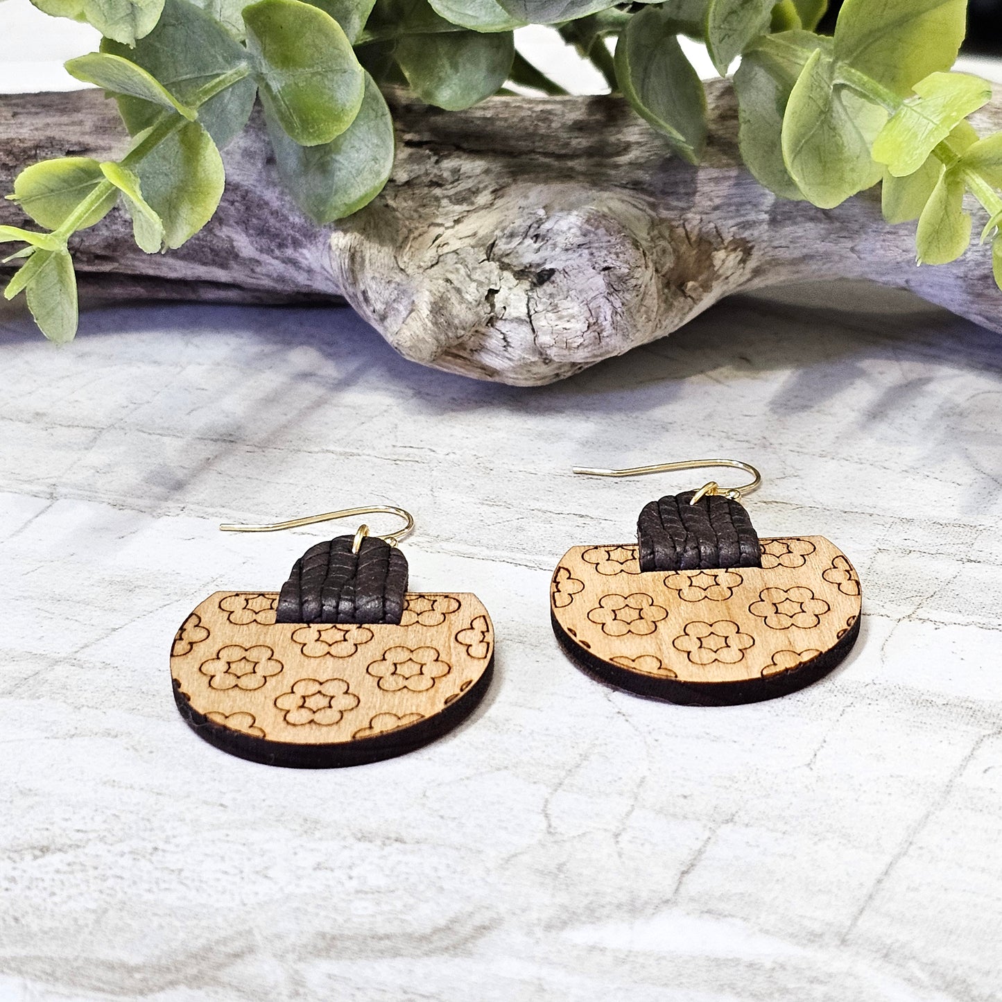 Leather/Wood/Metal Handcrafted Earrings-LWM-56