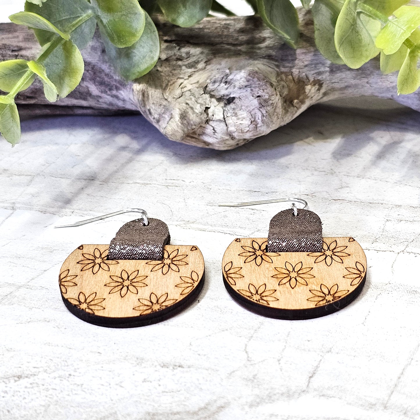 Leather/Wood/Metal Handcrafted Earrings-LWM-66