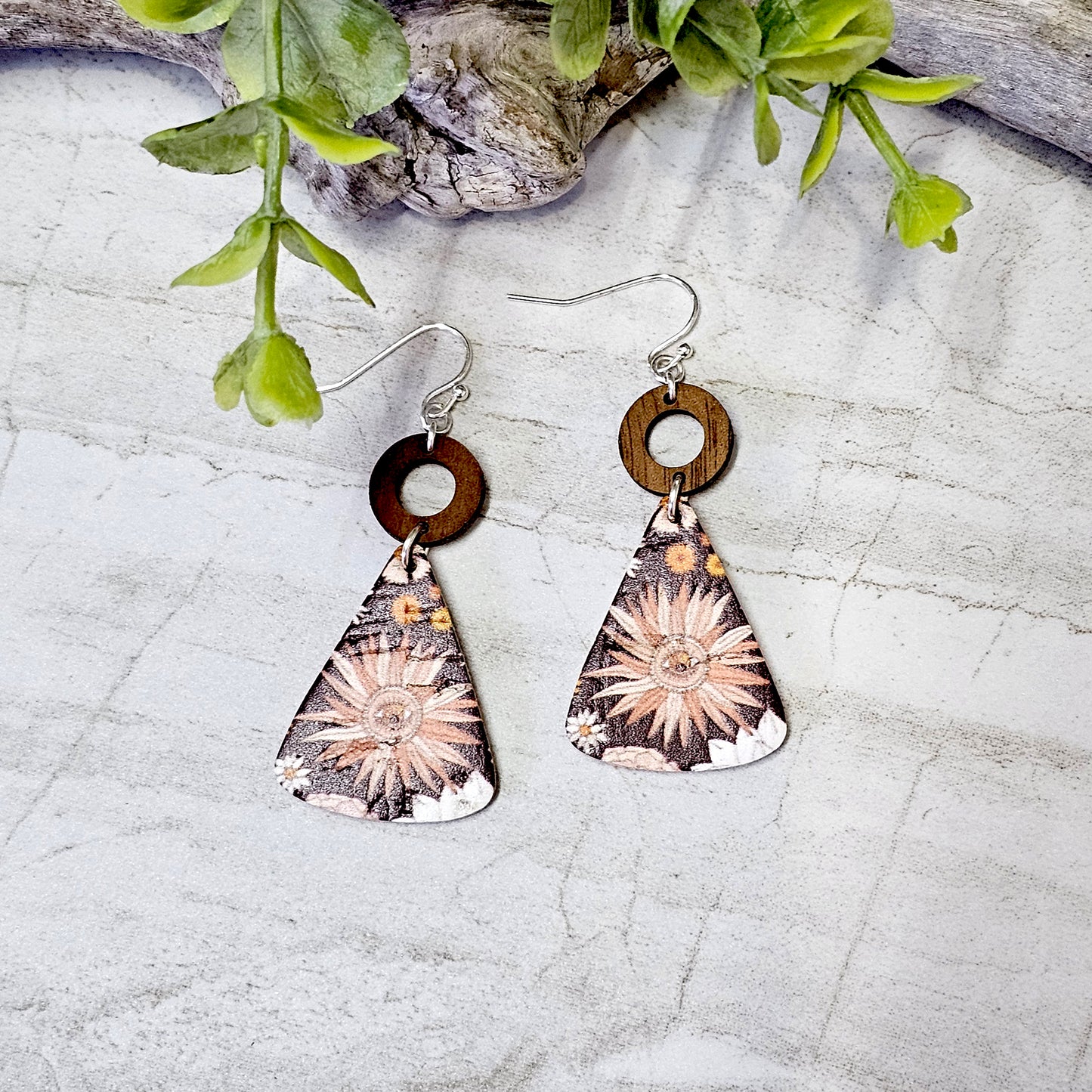 Leather/Wood/Metal Handcrafted Earrings-LWM-71