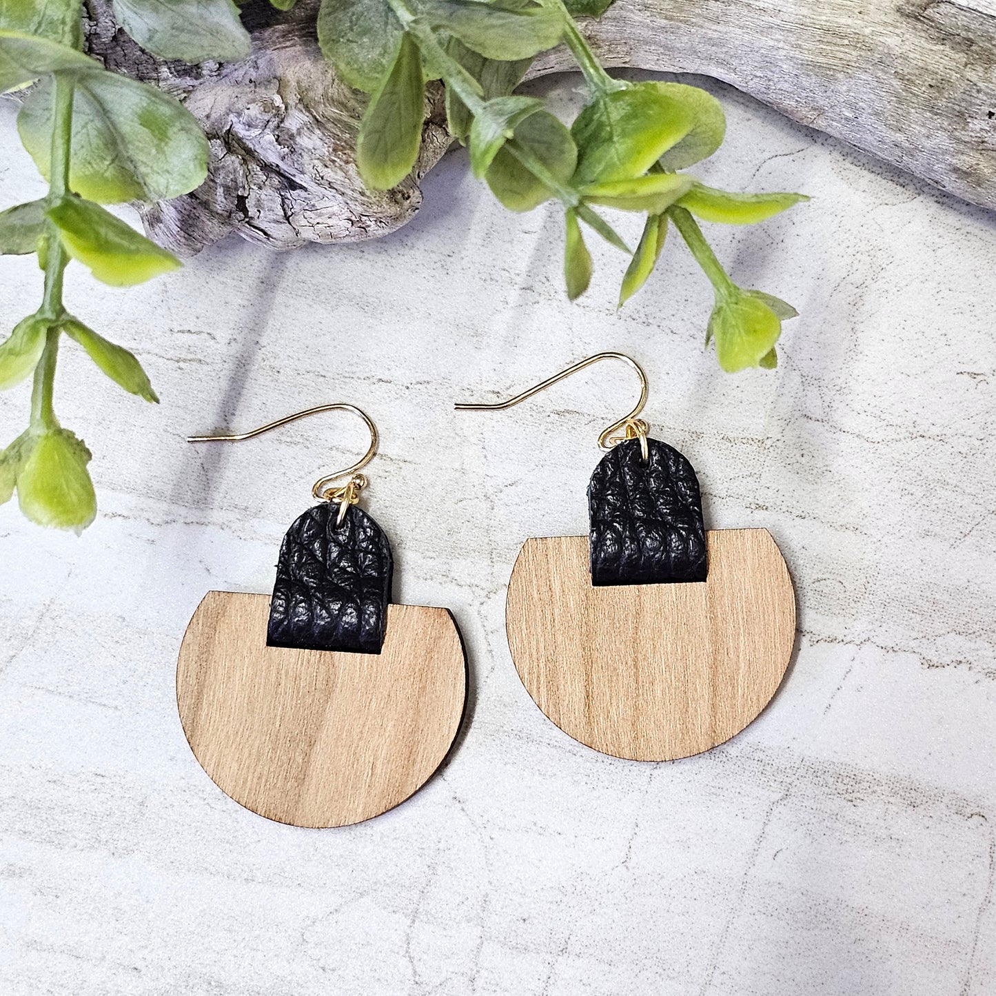 Leather/Wood/Metal Handcrafted Earrings-LWM-85